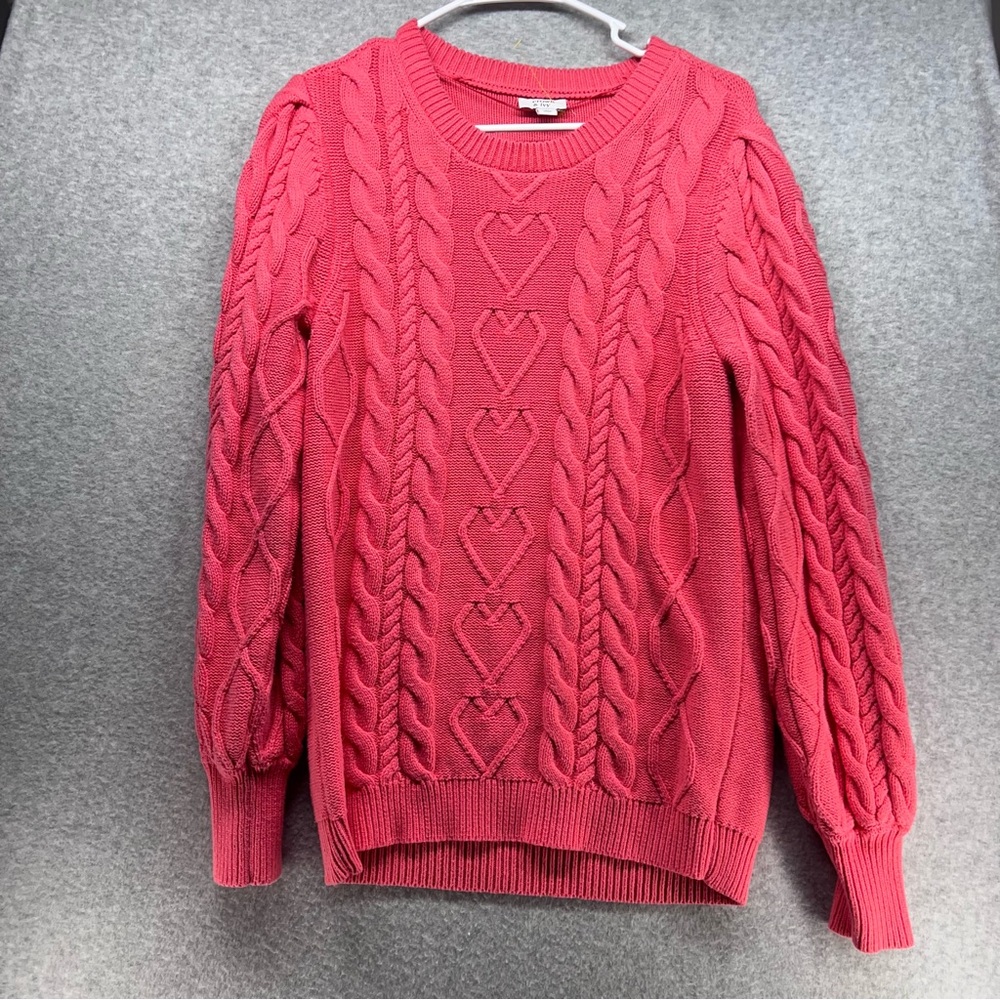 crown & ivy Coral-Pink Cable Heart Crewneck Sweater